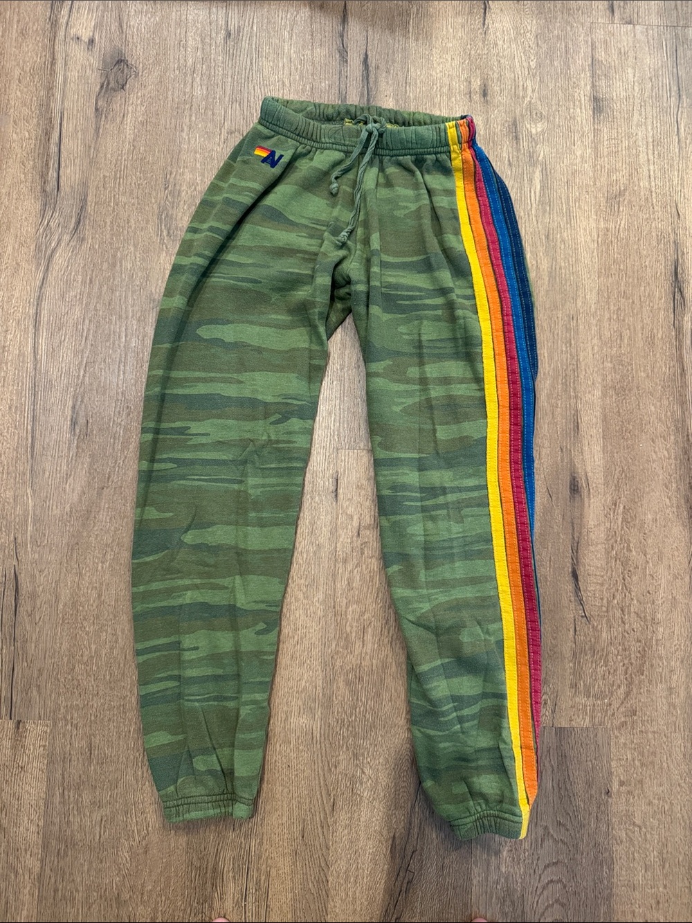 Aviator Nation Green Camo Joggers with Rainbow Side Stripes